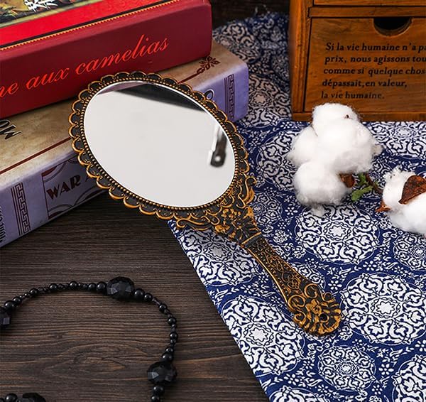 AKOAK Vintage Handheld Makeup Mirror, Exquisite Embossed Decorative Handle Makeup Mirror Portable Travel Mirror for Girls and Ladies (Oval, Bronze)