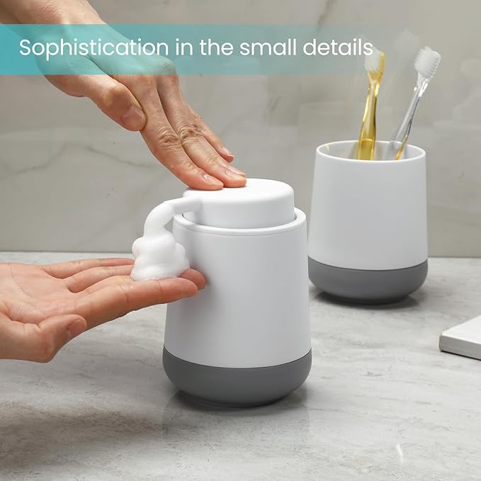 GAHEFY White Bathroom Countertop Accessories Set - Soap Dispenser and Toothbrush Holder with Silicone Boot,Vanity Tray (White Foam)