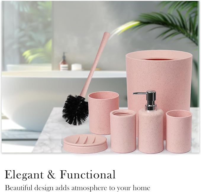 CERBIOR Bathroom Accessories Set 6 Piece Wheat Straw Bath Ensemble Includes Soap Dispenser, Toothbrush Holder, Toothbrush Cup, Soap Dish for Decorative Countertop and Housewarming Gift (Pink)