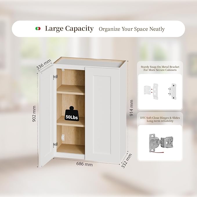 Kisart Laundry Room Cabinets Wall Mounted with Doors & Shelves, Solid Wood RTA Medicine Storage Cabinet, 27Wx36Hx12D Inch White Shaker Hanging Cupboard, Space-Saving for Kitchen, Bathroom, Garage