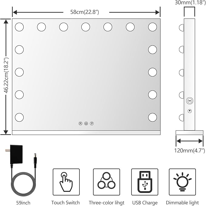 Gvnkvn Vanity Mirror with Lights, 15 Dimmable LED Bulbs Large Hollyhood Makeup Mirror, Light up Mirror with 10X Magnification and USB Charging Port, Smart Touch 3 Colors, Metal Frame