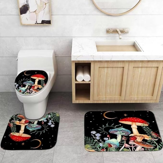 jieprom 4PCS Black Night Mushroom Shower Curtain Bathroom Set with Rugs,Toilet Lid Cover and Bath Mat, Shower Curtain with 12 Hooks, Durable Waterproof Bathroom Decor Set