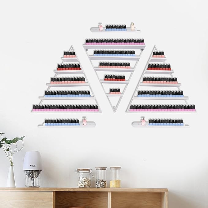 6PCS Triangular Wall-Mounted Nail Polish Racks, White 5-Tier Nail Polish Shelves, Heavy-Duty Cosmetic Display Cases with Raised Edges for Nail Salon, Home, Shop Use