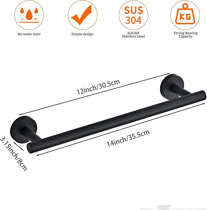 Bathroom Towel Bar, 12-Inch Towel Rack for Bathroom Wall Mounted, Matte Black Thicken SUS304 Stainless Steel Towel Rod Modern Home Decor (Total Length 14-Inch)