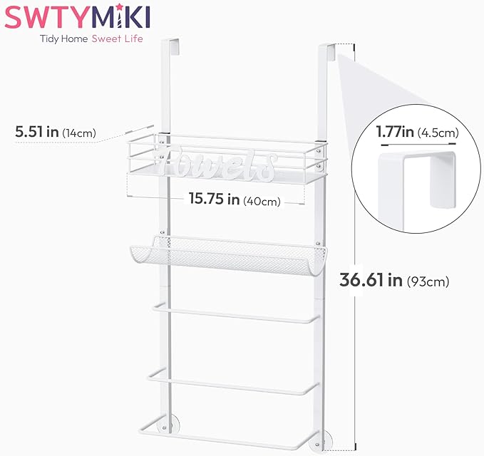 SWTYMIKI Over The Door Towel Racks for Bathroom - 5-Tier Wall Mounted Bathroom Towel Storage Organizer Holder with Metal Shelf, White