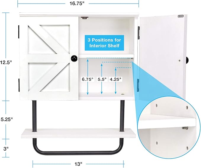 EXCELLO GLOBAL PRODUCTS 17x21” Barndoor Bathroom Wall Cabinet, Space Saver Storage Cabinet Kitchen Medicine Cabinet with Adjustable Shelf and Towel Bar, White