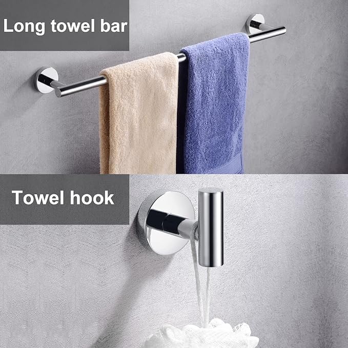 10 Pieces Polished Chrome Bathroom Hardware Accessories Set,Hand Towel Ring,16 inch Towel Bar,Toilet Paper Holder,4pcsTowel Hooks,Round SUS304 Stainless Steel Heavy Duty Wall Mount Holder,Towel Rack