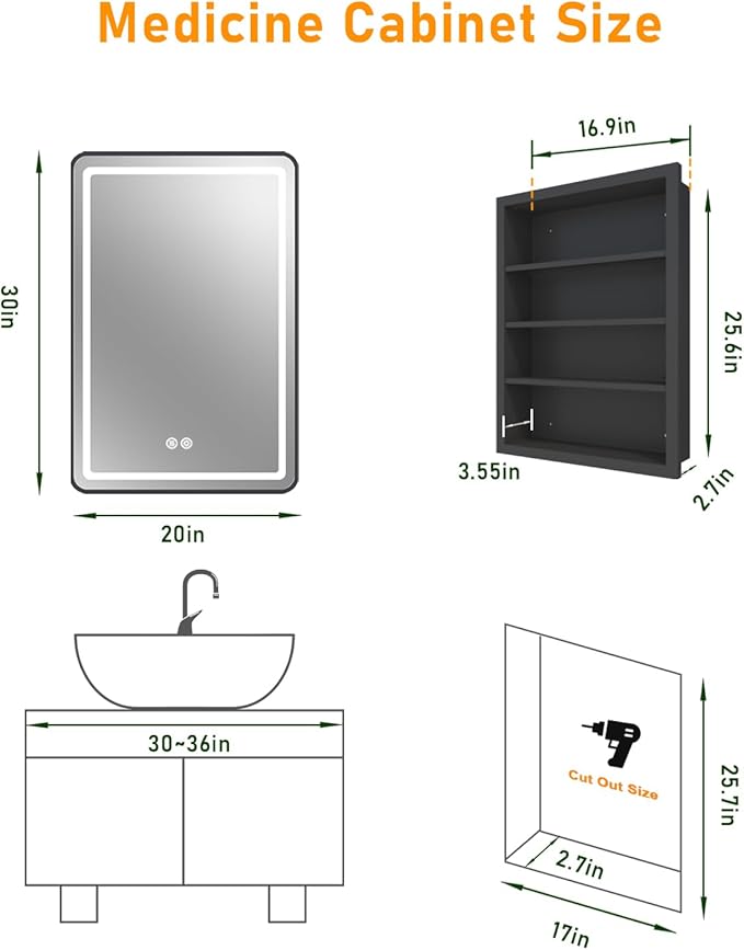 20x30 Inch LED Lighted Medicine Cabinet Mirror, Bathroom Mirror with Lights and Storage Wall Mounted & Recessed with Anti-Fog, Dimmable 3 Color Light with Memory, 3 Shelves & 1 Organizer Box, Black