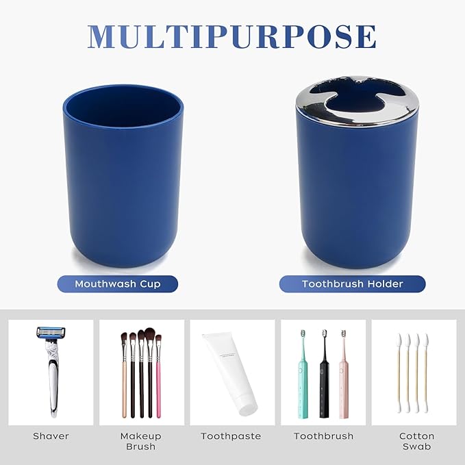4 Pcs Bark Blue Bathroom Accessories Set,Bohemian Bathroom Toothbrush Holder Set.Include Soap Dispenser, Soap Dish, Toothbrush Holder, Mouthwash Cup, Modern Bahtroom Decor Set