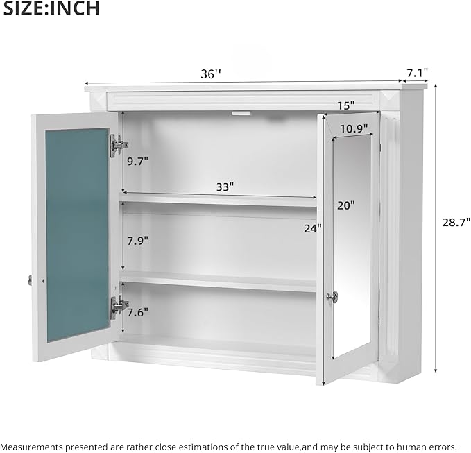 Merax Bathroom Medicine Cabinet with Mirror Door & Adjustable Shelves, 36" x 28" Wall Mounted Bathroom Storage Cabinet with Mirror, Over The Toilet