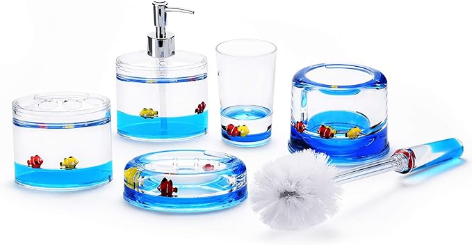 Locco Decor 5 Piece Acrylic Liquid 3D Floating Motion Bathroom Vanity Accessory Set Ocean Cartoon Animal Theme Nimo Fish Toothbrush Holder, Tumbler, Soap Dispenser, Soap Dish, Toiletbrush Holder Set