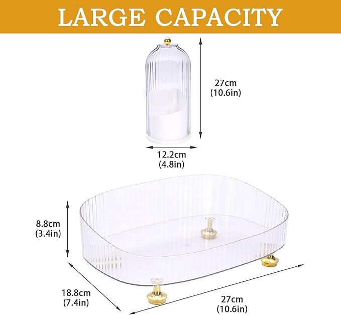 Makeup Organizer 2-Pack, Clear Makeup Brush Holder with Lid + Rotating Tray, Countertop Use, Cosmetic Storage, Make Up Organizers for Counter, Make Up Brush Holder Set for Bathroom Vanity & Dresser