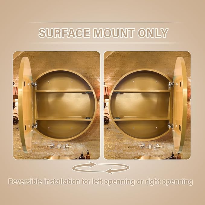 Round Medicine Cabinet,Medicine Cabinet with Mirror,Aluminum Framed,Soft Close Hinge,20inch,Gold