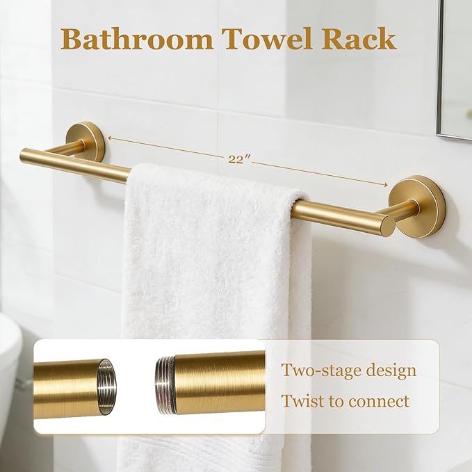 5-Pieces Wall Mount Bathroom Accessories Bathroom Hardware Set,22 Inch Stainless Steel Waterproof Towel Bars,Toilet Paper Holder with Shelf,Towel Ring,Coat Hook (Brushed Gold 5PC - Round)
