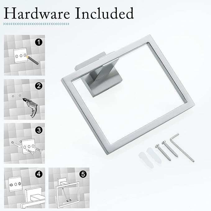 TNOMS Brushed Towel Ring Modern Square Hand Towel Bar,Towel Holder for Bathroom,Wall Mount Stainless Steel