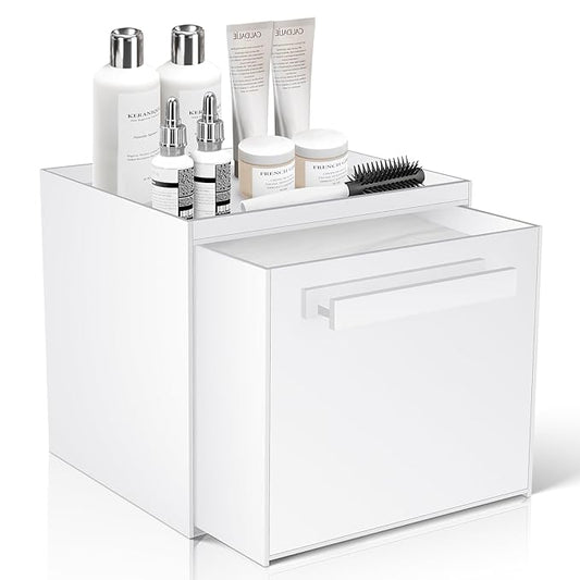 Disposable Face Towel Storage Box Compatible with Clean Skin Club Clean Towel XL Acrylic Facial Towels Holder with Drawer Wall-Mounted Makeup Organizer for Vanity, Bathroom (Glossy White)