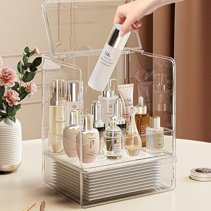 Makeup Organizer with Lid Drawers Translucent Skincare Holder Large Capacity Cosmetics Countertop Storage Box for Vanity Easy Visibility Dustproof (Silver Clear,Large + Brush + Cream Organizer)