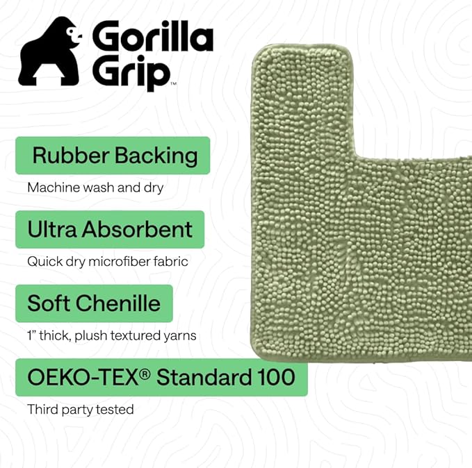 GORILLA GRIP Plush Absorbent Shaggy Chenille Bath Rug Mat for Square Toilet Base with Rubber Backing, Machine Washable Rugs, Soft Microfiber Contour Mats for Toilets, Bathroom Decor, Sage