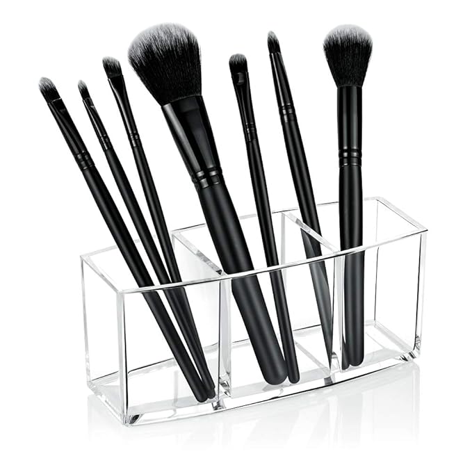 Hekyip Cosmetic case Clear Makeup Brush Holder, 3 Slot Acrylic Cosmetic Brushes Storage, Eyeliners Eyebrow Pencil Display Case