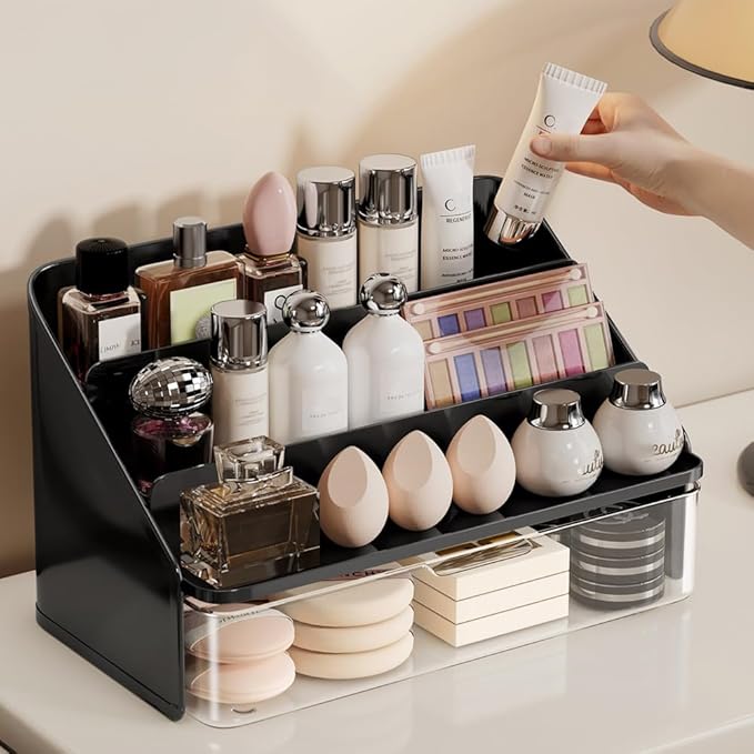 Cologne Holder with Clear Drawer - 3-Tier Black Fragrance Display Stand for Men, Cosmetic Storage Rack, Space-Saving Perfume Organizer for Bathroom Counter & Dresser/Vanity