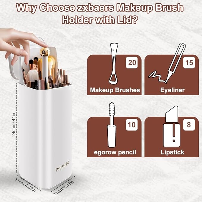 zxbaers Makeup Brush Holder with Lid with 8PCS Makeup Brushes, Dustproof Make Up Organizer, Covered Makeup brush Holder for Vanity Desktop Bathroom Countertop