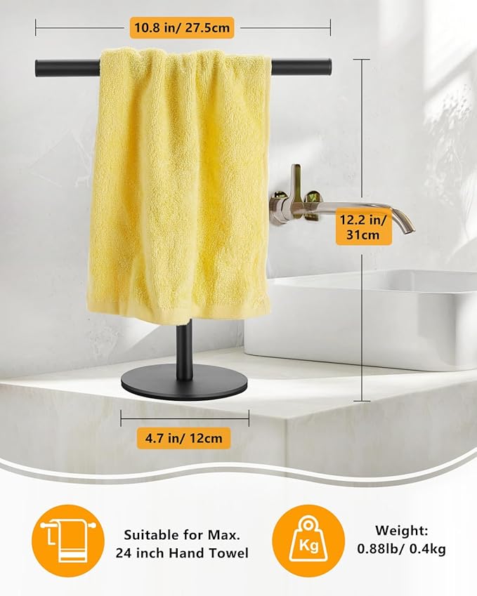Hand Towel Holder, Bathroom Towel Racks, Countertop Towel Stand, T-Shape Towel Holder for Kitchen, Matte Black Standing Towel Bar
