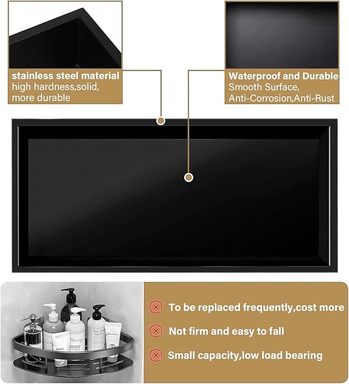 Matte Black Shower Niche 24" X 12" (Inner Size 23.2" X 11.2") 304 Stainless Steel Wall Niche Bathroom Shelf for Shower Wall No Tile Needed, Recessed Niche Shower Insert for Bathroom Storage