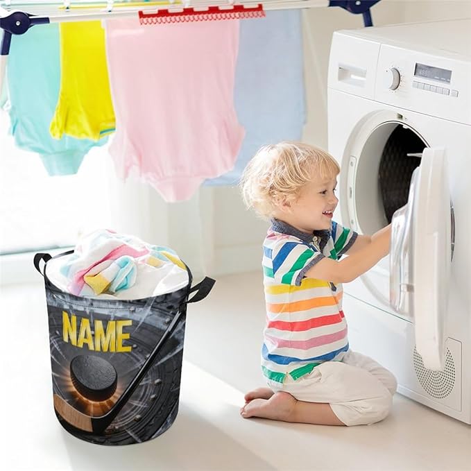 Personalized Ice Hockey Laundry Hamper Custom Name Funny Dirty Clothes Laundry Basket Portable Storage Basket For Home Bathroom Family Hockey Lovers Xmas Birthday (style 19)
