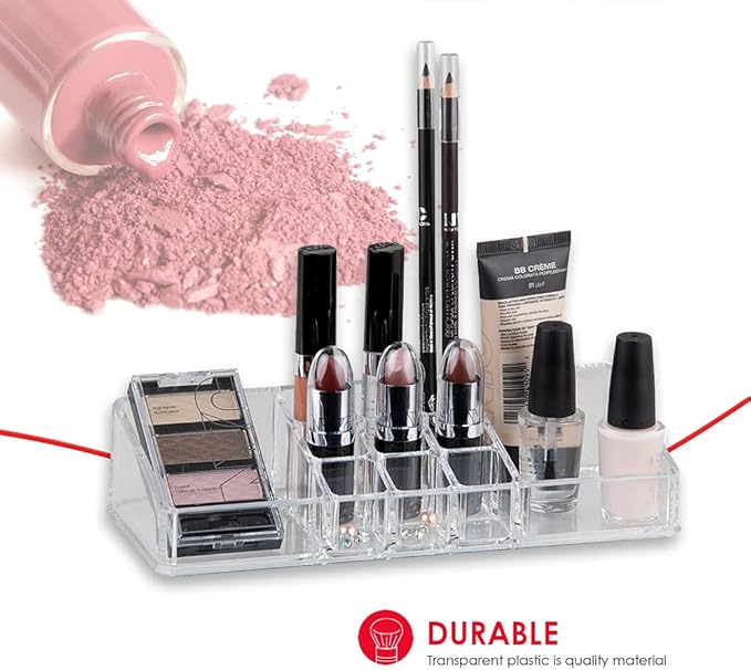 Home Basics Multi-Functional Plastic 11 Compartment Makeup Organizer Nail Polish, Lipstick, Eyeliner, Foundation, Blush, for Vanities, Counter-top, Dressers, Clear