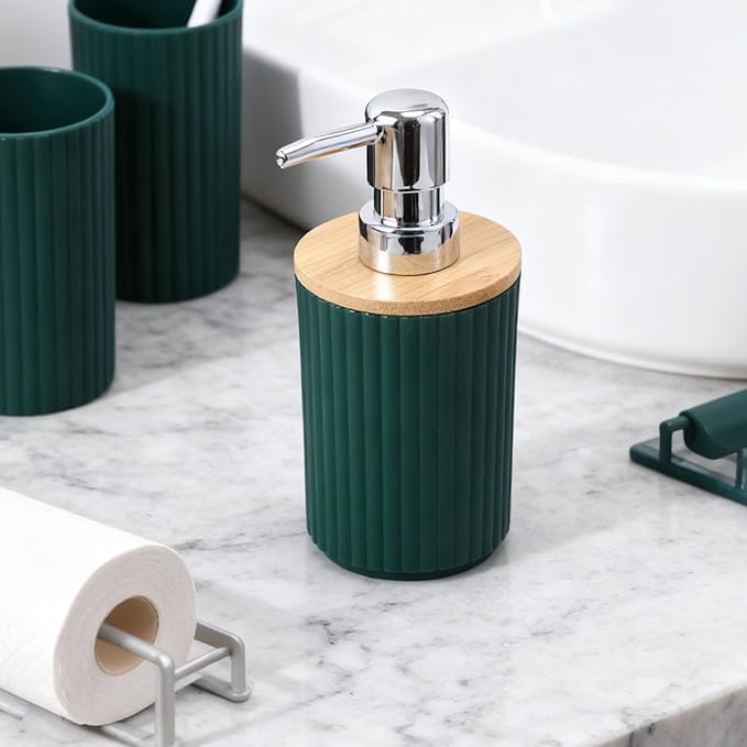 Green Bathroom Accessories Set 8 Pieces Bamboo Bathroom Set with Trash Can, Soap Dispenser, Soap Dish, Toothbrush Holder, Toothbrush Cup, Toilet Brush and Qtip Holders