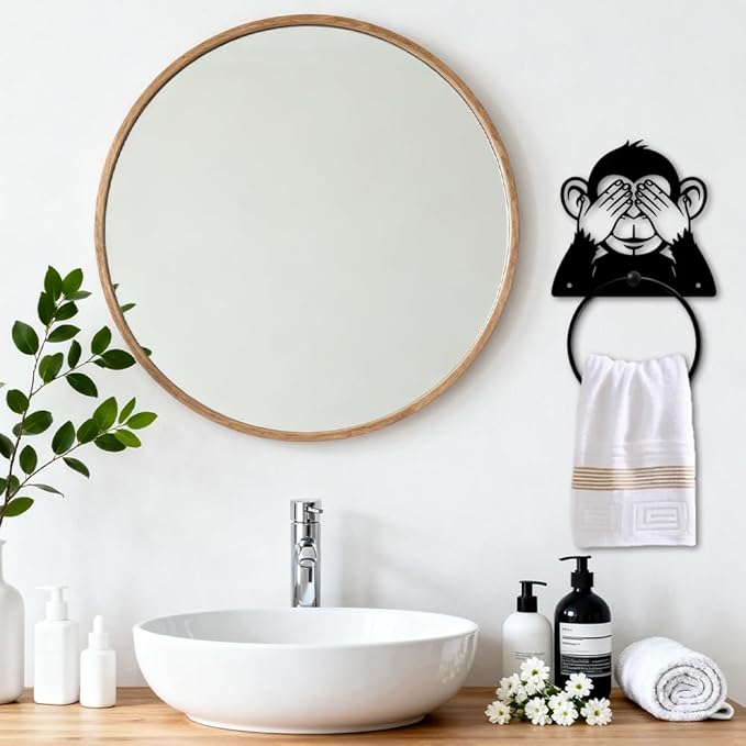 MAYJOYDIY Monkey Metal Towel Ring Round Animal Hand Towel Holder Ring Hanger Black Vintage Towels Wall Organizer for Kitchen Bath Home Laundry Room Decors Gifts