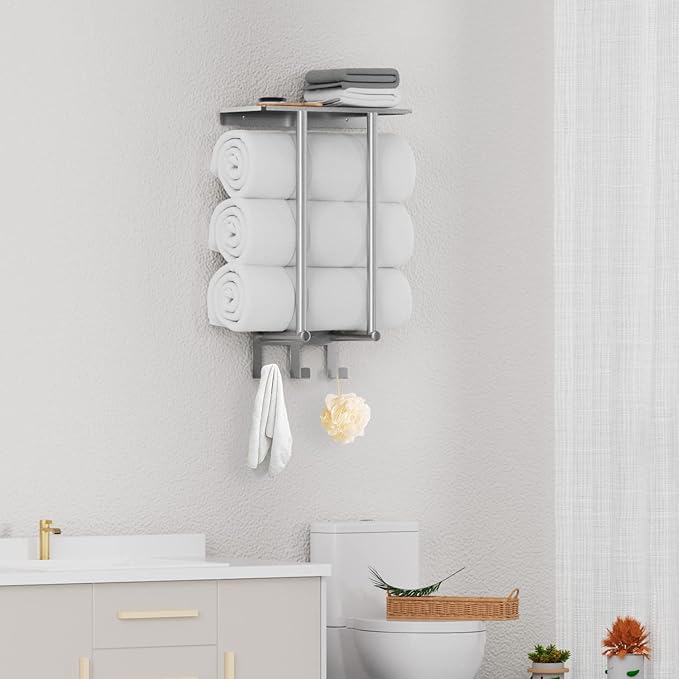 Towel Racks for Bathroom Wall Mounted, Bethom Towel Rack with Shelf and 3 Hooks, Brushed Nickel Towel Storage Holder Wall for Large Rolled Towels