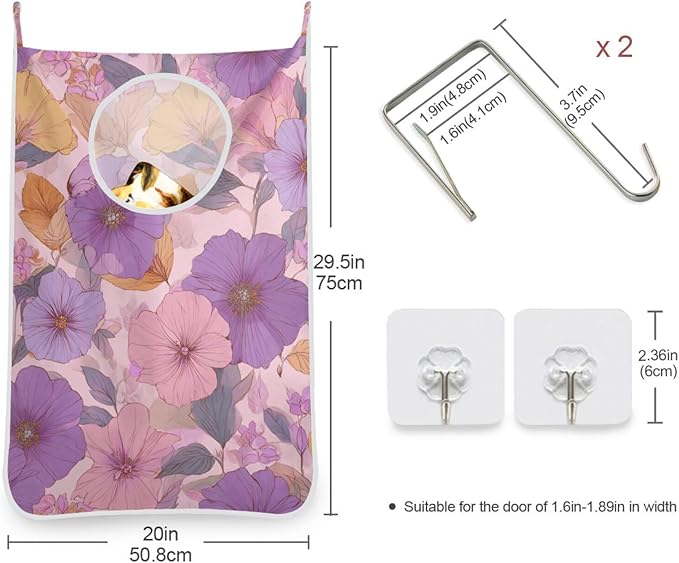 Hanging Laundry Hamper Bag Over the Door Laundry Hamper Wall Hamper Large Dirty Clothes Hamper with Stainless Steel Hooks 29.5X20inch 1PCs Purple Floral Spring