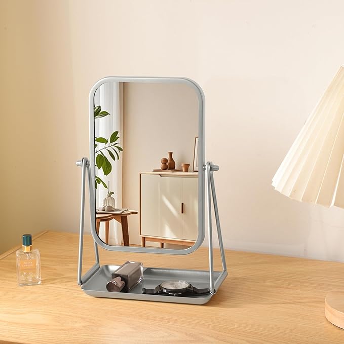 Small Desk Mirror with Storage Tray Silver Iron Frame Standing Mirrors for Desk Countertop Makeup Mirror with 360 Degree Swivel Portable Vanity Mirror for Living Room Bedroom Bathroom