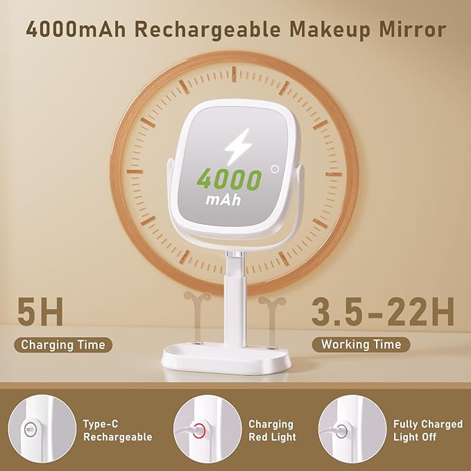 FRANO Vanity Mirror with Lights, Rectangular Lighted Makeup Mirror with 3 Color Lights, 1X/10X Magnification, Adjustable Height, 360° Rotation, 4000mAh Rechargeable for Desk, Gifts for Women