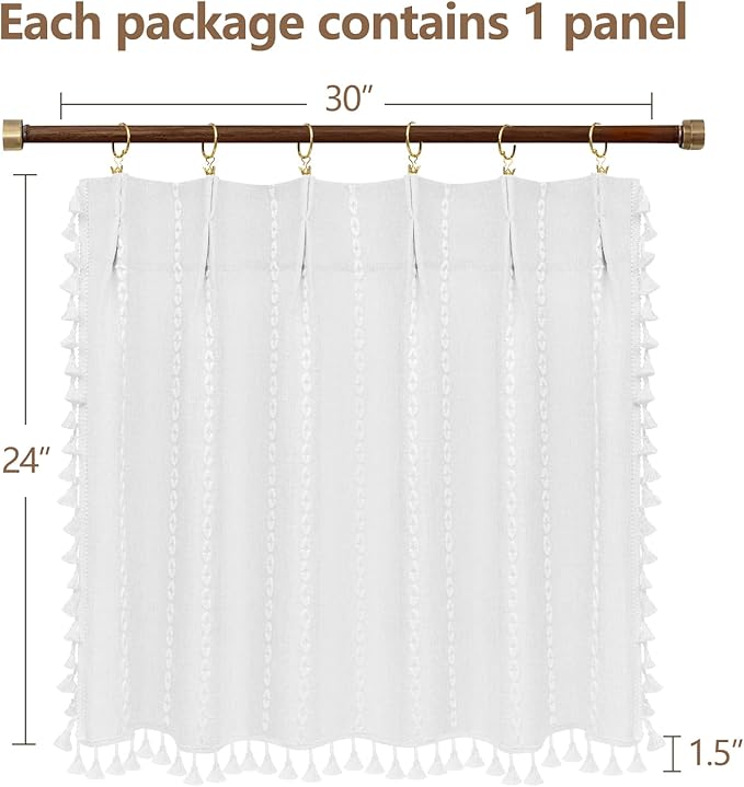 Boho Farmhouse Window Curtain with Tassels, 30 x 24 Inch Light Filtering Sheer Short Cafe Window Curtain Tier, White Linen Textured Pleated Small Window Drape for Kitchen or Bathroom, 1 Panel
