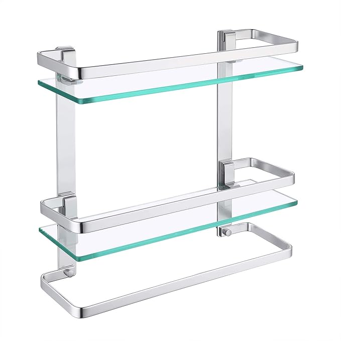KES Bathroom Tempered Glass Shelf 2 Tier Storage Glass Shelf Rectangular with Bar Wall Mounted Sand Sprayed Anodized Aluminum Finish, A4127B