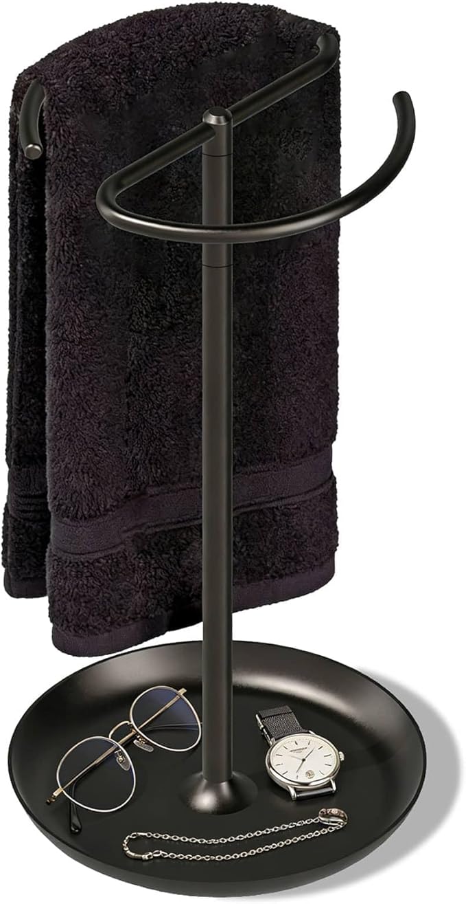 simpletome Towel Holder Stand Countertop with Storage Tray Non-Slip Weighted Base for Bathroom (Matte Black)