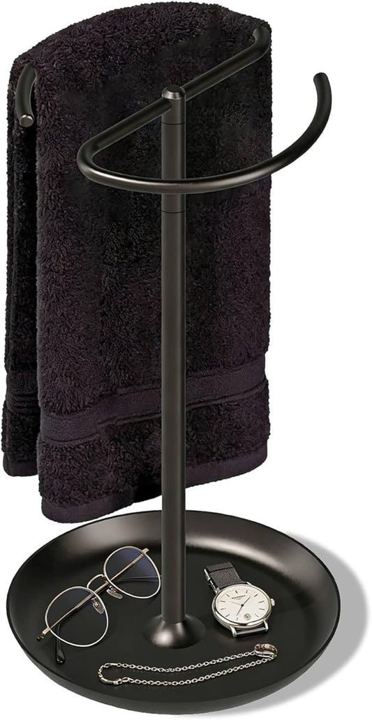 simpletome Towel Holder Stand Countertop with Storage Tray Non-Slip Weighted Base for Bathroom (Matte Black)