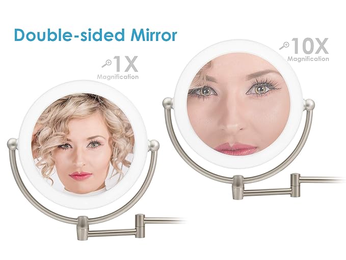 UCCI LED Wall Mount Makeup Mirror with Light – 1X/10X Magnification Double-Sided Vanity Mirror, Dimmable Lighting, 360° Swivel, Extendable Arm Bathroom Mirror, Satin Nickel, AC Powered 8.6”