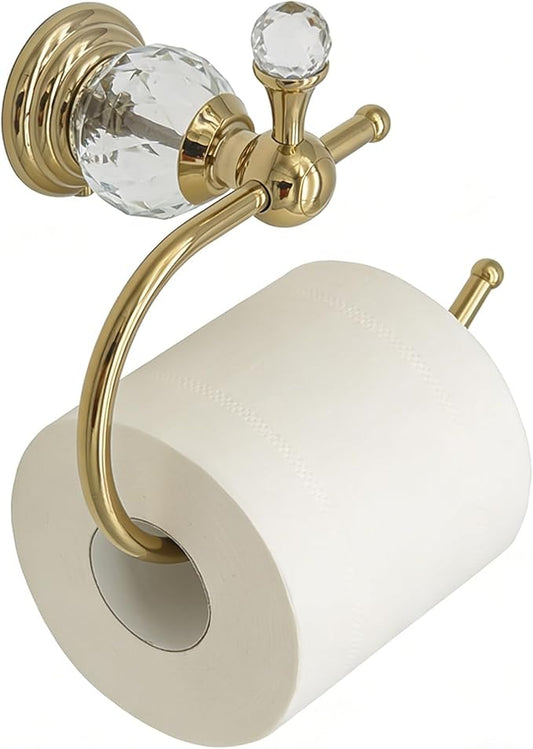 Gold Toilet Paper Holder with Crystal, Polished Gold Tissue Roll Holder Bathroom Wall Mounted, Rust-Resistant Hand Towel Holder
