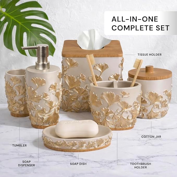 Decozen Bathroom Accessories 6Pcs Set, Soap Dispenser, Toothbrush Holders, Tumbler, Soap Dish & Cotton Swab Jar – Modern Bathroom Decor, Modern Farmhouse Decor, Countertop Accessories, Gold Champagne