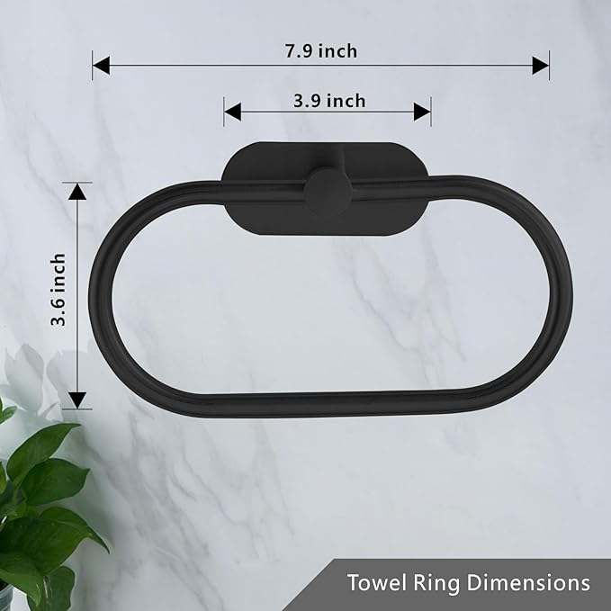 Towel Bar/Bath Towel Ring, Self Adhesive Hand Towel Ring for Bathroom, Stainless Steel Sticky Hand Towel Holder, No Drilling Modern Round Towel Hanger Wall Mounted (2 Pack, Black)