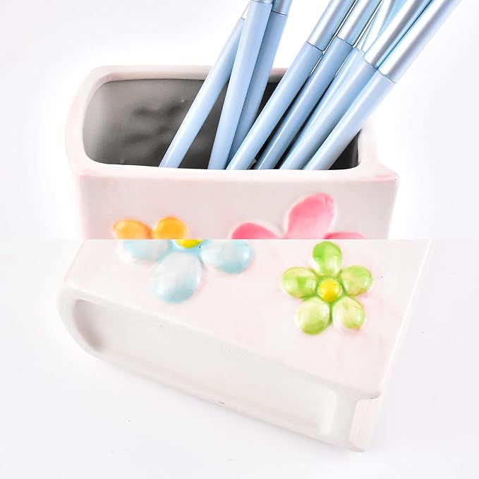 Ceramic Book Shaped Flower Pattern Cosmetic Storage Box, Desktop Organizers Make Up Brush Storage Stand Desktop Storage Box for Brush, Painting Brush (Pink)