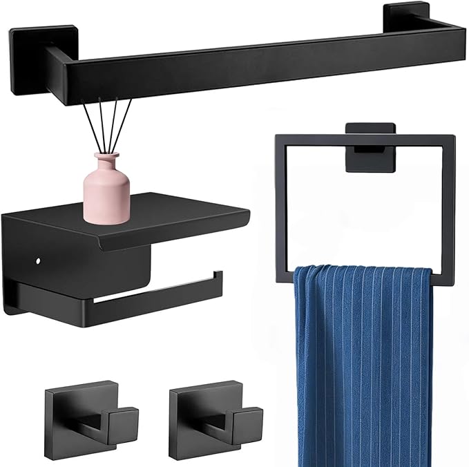 5Pcs Matte Bathroom Hardware Towel Bar Accessories Set 16 Inch Stainless Steel Bath Towel Racks with Toilet Paper Holder Shelf, for Bathroom Wall Mounted (Black)