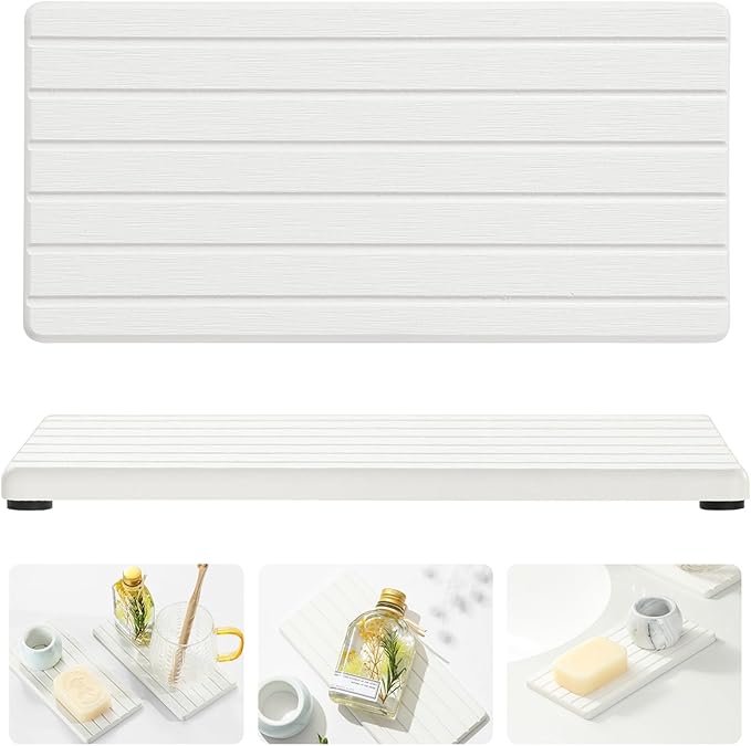 Razborci 2PCS Water Absorbing Stone Drying Tray Mat For Bathroom Sink & Kitchen Counter Faucet Organizer Decor, Quick Dry Dish Soap Dispenser Sponge Holder, Vanity Sink Caddy Bar Coaster,White-8"*3.8"