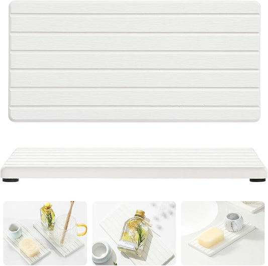 Razborci 2PCS Water Absorbing Stone Drying Tray Mat For Bathroom Sink & Kitchen Counter Faucet Organizer Decor, Quick Dry Dish Soap Dispenser Sponge Holder, Vanity Sink Caddy Bar Coaster,White-8"*3.8"