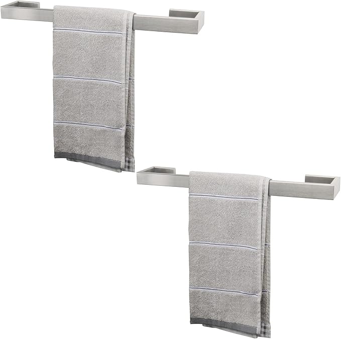 TocTen Bath Towel Rack - 2 Pack Square Base Thicken SUS304 Stainless Steel Towel Bar for Bathroom, Bathroom Bar Accessories Towel Rod Heavy Duty Wall Mounted Towel Holder(Brushed Nickel, 16 Inch)