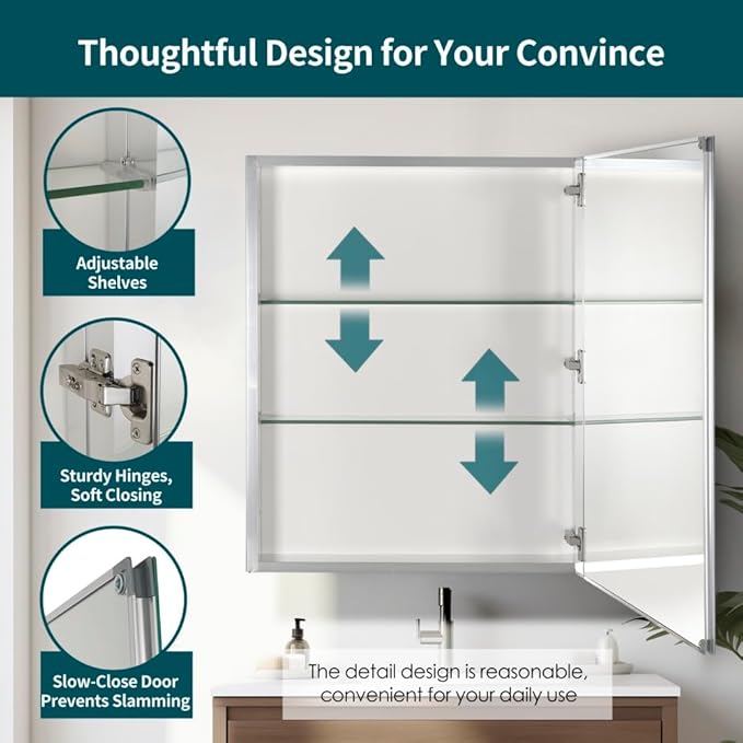 Movo Medicine Cabinet with Mirror, 24 Inch x 30 Inch Aluminum Mirror Cabinet with Single Door, Bathroom Medicine Cabinet, Surface Mount or Recess Installation