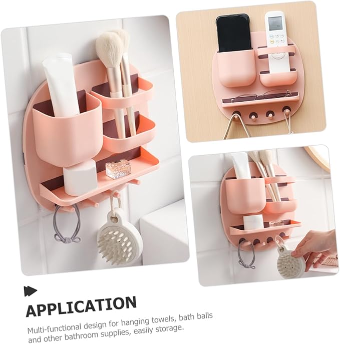 Veemoon Wall-Mounted Bathroom Shelf Organizer with 3 Compartments and Elevated Display Shelf, Pink Storage Rack with 4 Hooks for Toiletries, Space-Saving Wall Storage Holder for Bathroom